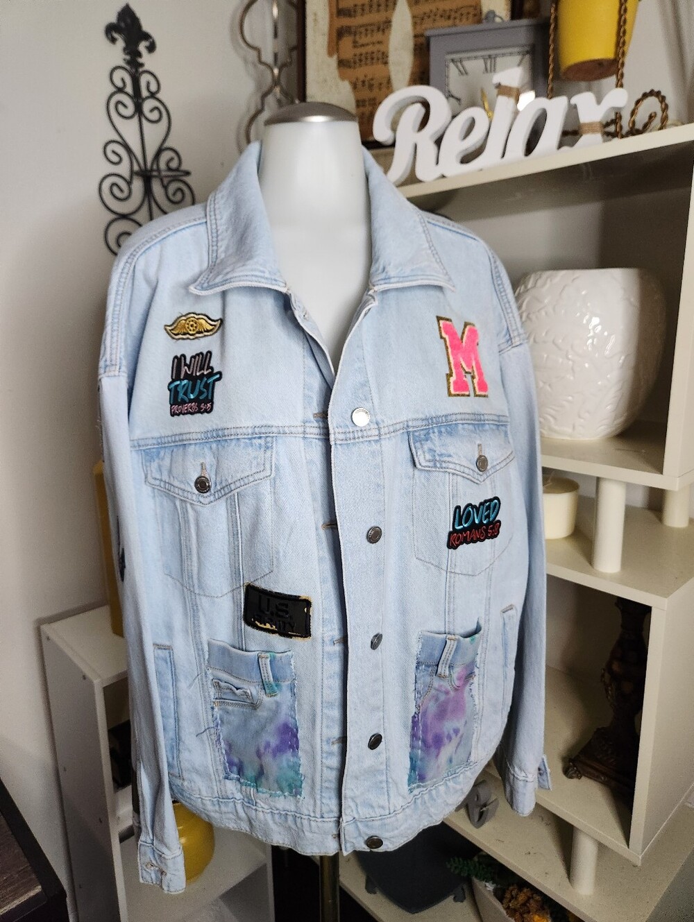 Light Wash Embroidered Patch Denim Jacket - Pastel Tie-Dye Pockets